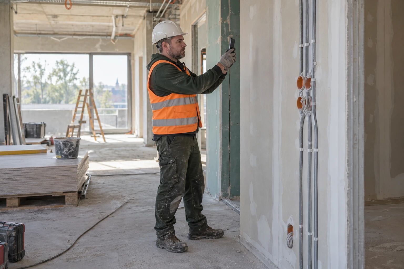Ein Bauleiter mit Helm und Warnweste fotografiert auf der Baustelle mit dem Smartphone.