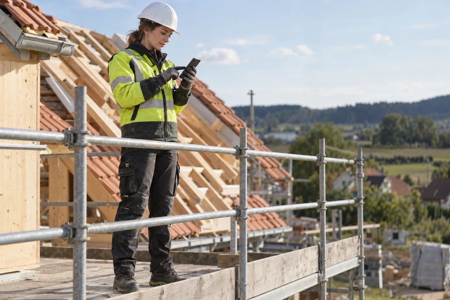 Eine Monteurin mit Arbeitshandschuhen tippt auf einem Gerüst auf ihr Smartphone.